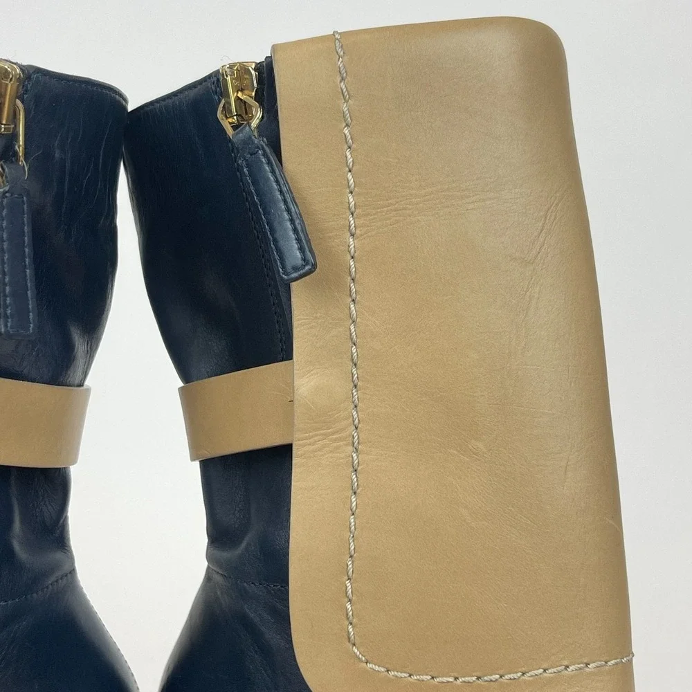 Womens‎ Jil Sander Blue Brown Leather Heeled Ankle Booties Boots Size 35 US 5 M